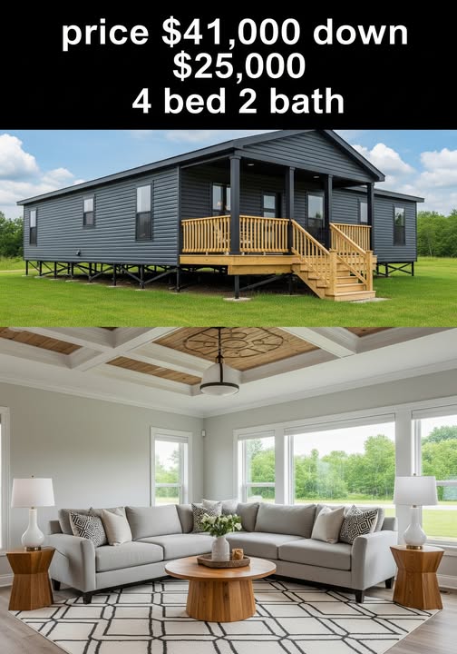 Gray modular home with a wooden porch set on green grass. Below, a cozy living room with a light gray sectional sofa, patterned rug, and wooden tables. Text above: "price $41,000 down $25,000 4 bed 2 bath."