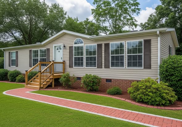 A charming one-story house with beige siding and brown shutters, surrounded by green shrubs. A red brick pathway leads to wooden front steps. Lush trees in the background.