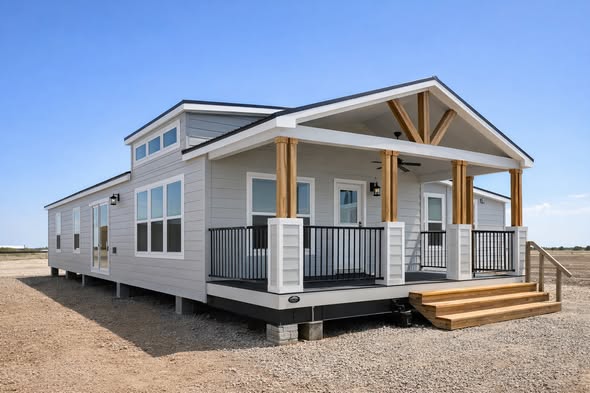 Modern beige modular home on stilts with a wooden porch and black railings. Blue sky in the background, conveying a sense of new beginnings and tranquility.