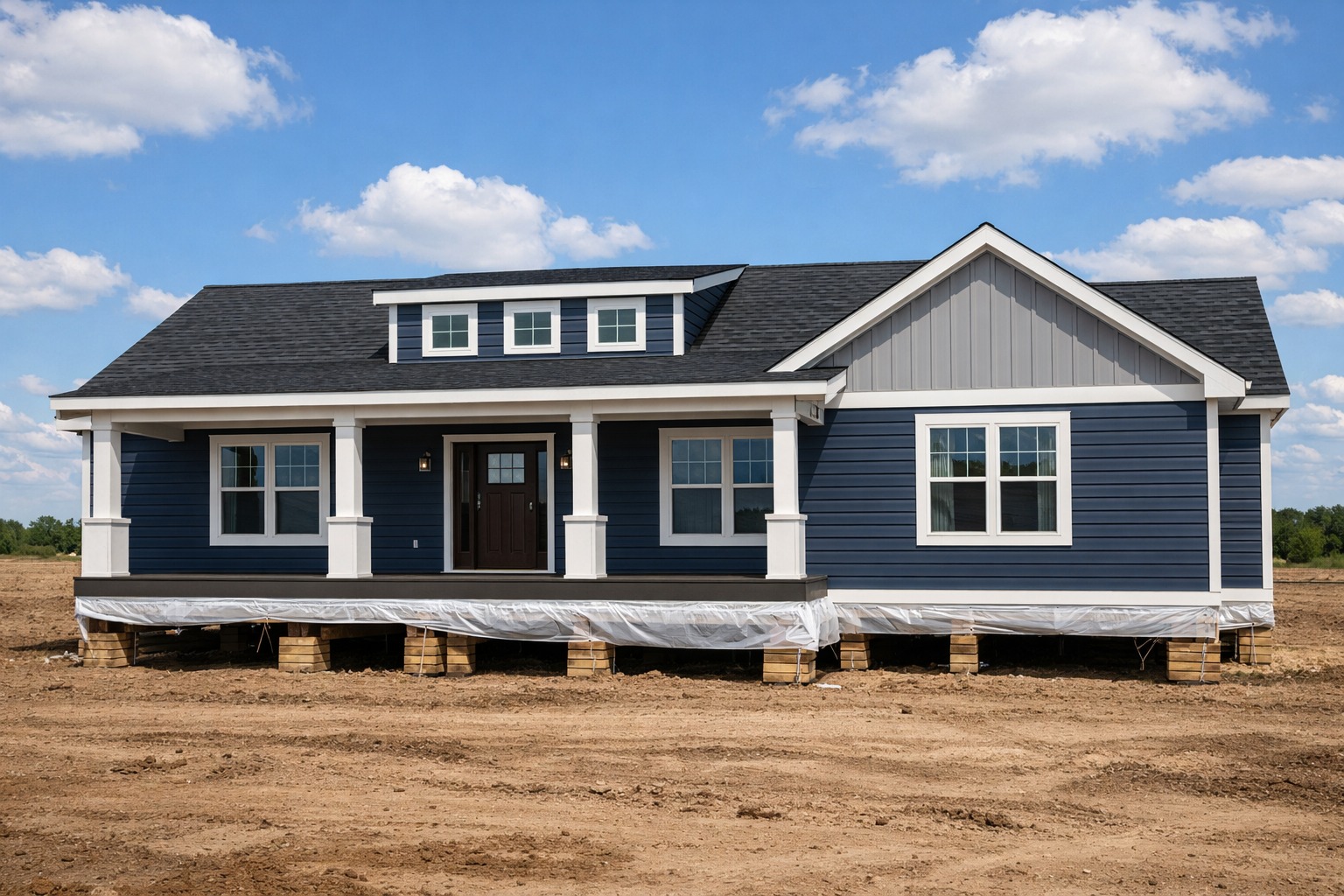 A modern blue house sits elevated on a clear, dirt lot under a bright, cloudy sky. The structure features white trim and a small porch, conveying new construction.