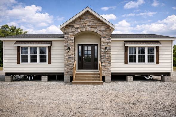 Single-story beige house with stone entrance and wooden steps, flanked by two large windows. Gravel foreground, trees and blue sky with clouds in background.