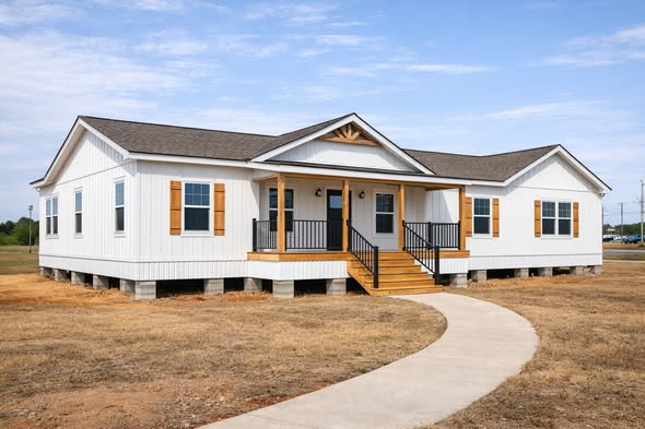 Alt text: A modern, white manufactured home with brown shutters and a welcoming porch. It sits on a dry, grassy lot with a curved concrete path leading to the entrance. The atmosphere is calm and residential.