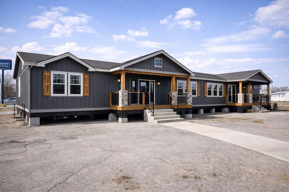Gray modular home with a front porch, wooden shutters, and stone accents. There are multiple windows, a walkway, and a clear blue sky above.