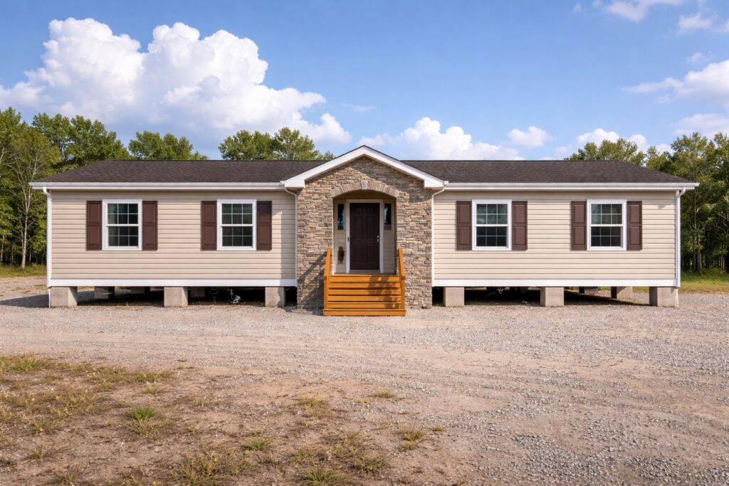 A beige modular home with a stone entryway and brown shutters sits on a gravel lot, surrounded by trees under a clear blue sky, creating a serene atmosphere.