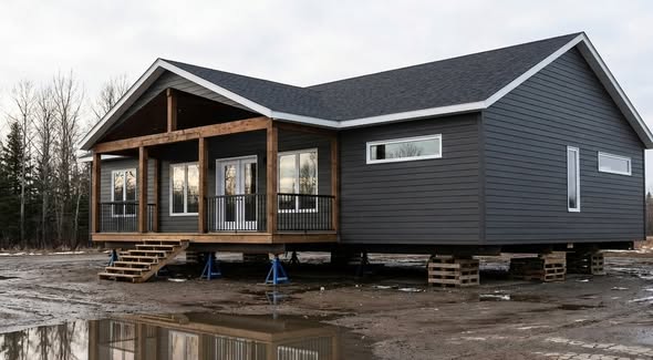Elevated prefab house with gray siding and a wooden front porch on a muddy lot. Overcast sky and bare trees in the background evoke a cold, raw atmosphere.