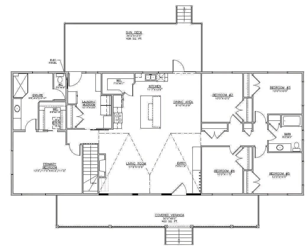 Floor plan of a house featuring a sun deck, living room, kitchen, dining area, four bedrooms, two bathrooms, laundry room, and covered veranda.