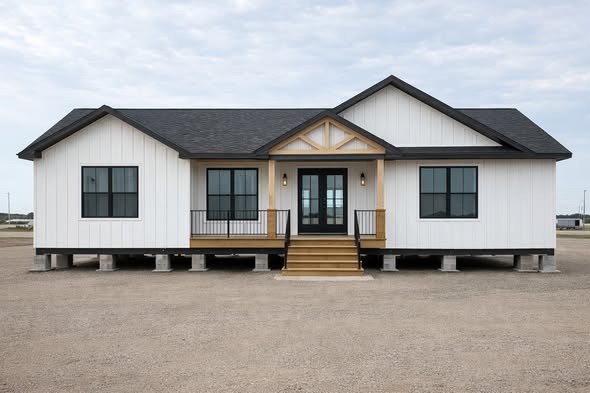 A modern, single-story prefab house with white siding, large black-framed windows, and a small porch. It sits elevated on concrete blocks.