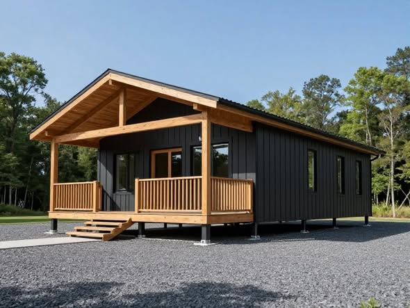 A modern, dark gray tiny house with wooden trim and porch sits on a gravel lot, surrounded by lush trees under a clear blue sky, conveying tranquility.
