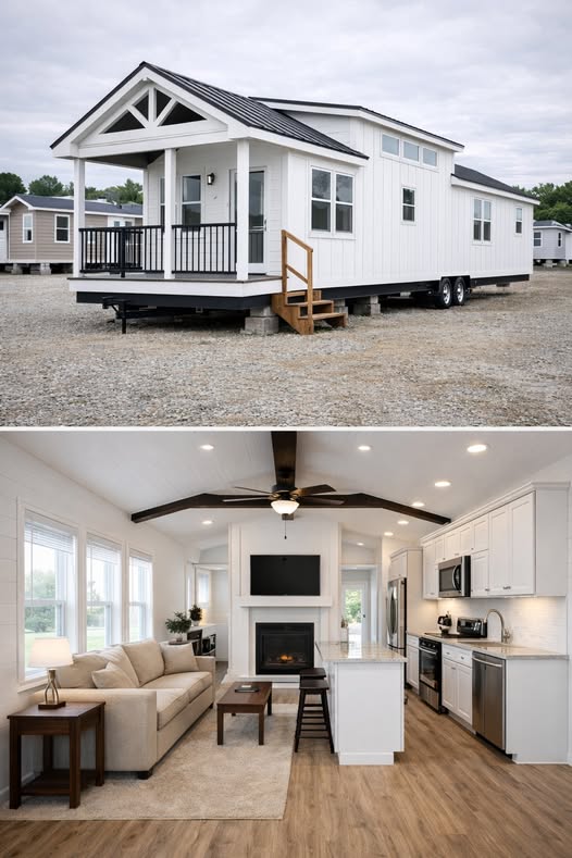 Luxury manufactured home showcase featuring the expansive "The Boujee XL" 4-to-5 bedroom floor plan alongside modern park model and tiny home designs. Exterior highlights include a classic white double-wide with charcoal accents and a light grey board-and-batten park model featuring a grand pillared front porch with black railing. Interior design is defined by massive open-concept living areas with integrated electric fireplaces, grey shiplap accent walls, and rustic dark wood ceiling beams. Gourmet kitchens are equipped with oversized islands in charcoal or teal, marble-look countertops, farmhouse-style cabinetry, and high-end stainless steel appliances. Spa-inspired primary bathrooms boast walk-in tile showers with black matte trim, freestanding soaking tubs, and double vanities with LED-mirrored lighting. Additional premium features include a custom laundry utility room with marble-look surfaces, versatile 4-to-5 bedroom layouts, and high ceilings with recessed lighting, perfect for large families seeking a modern farmhouse aesthetic.