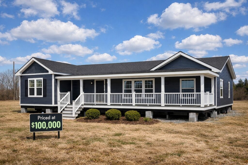 Single-story blue manufactured home with a white porch, set on a grassy field under a blue sky with clouds. A sign reads, “Priced at $100,000.”