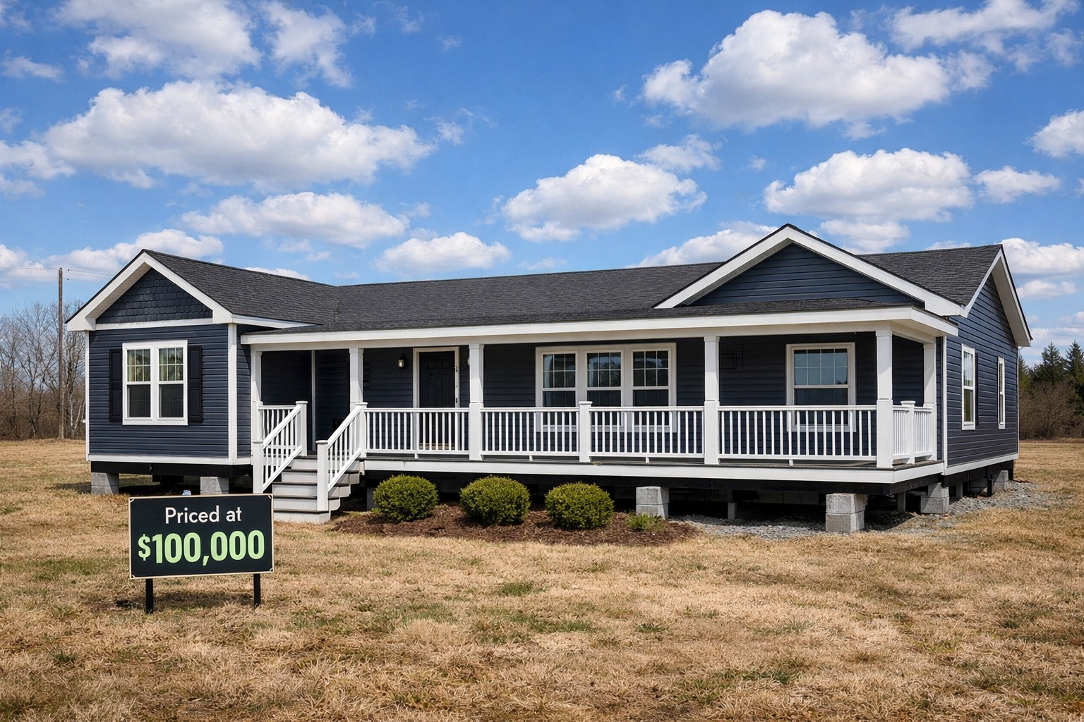 Single-story blue manufactured home with a white porch, set on a grassy field under a blue sky with clouds. A sign reads, “Priced at $100,000.”