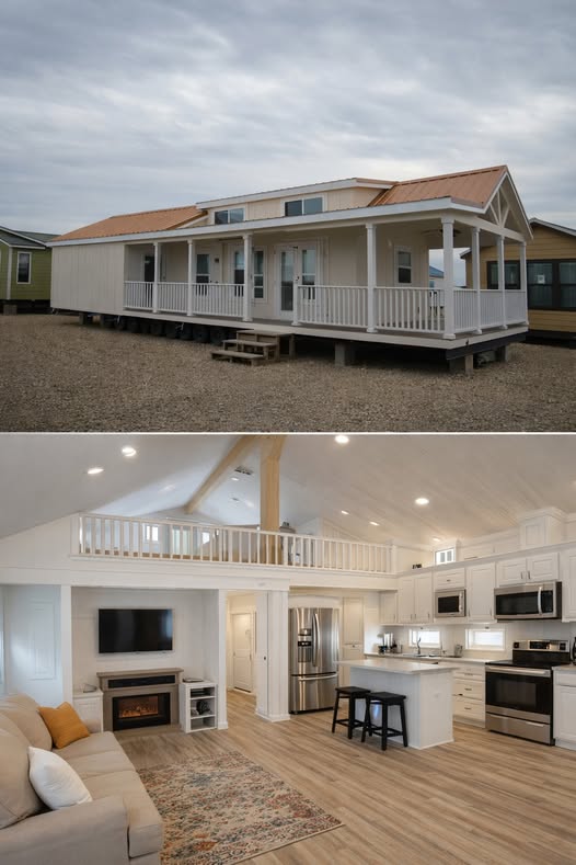 A modern tiny house with a white exterior and brown roof, featuring a wraparound porch. Inside, a cozy open-plan living area with a kitchen, island, loft, and soft lighting creates a warm atmosphere.