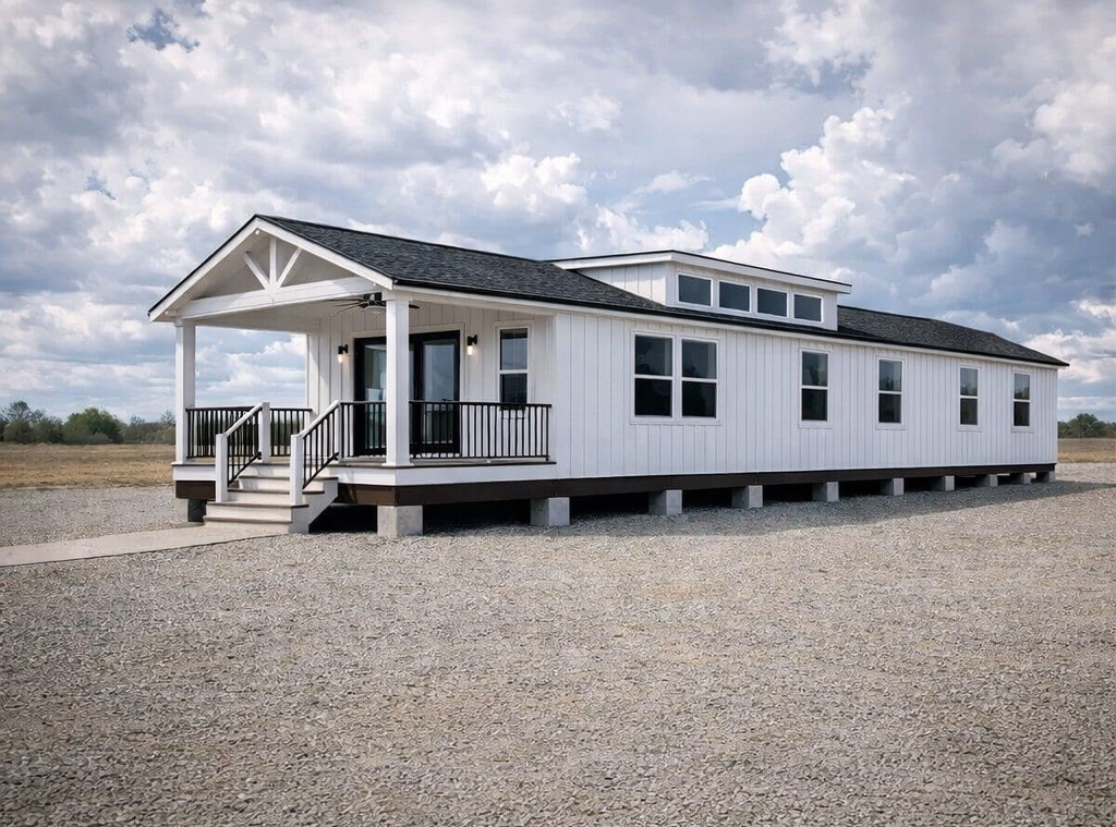 A modern, white modular home with a black roof sits on a gravel lot. It features a small porch with steps, black railings, and large windows under a cloudy sky.