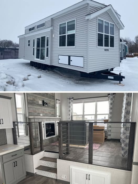 Modern tiny house with white siding on snowy ground, featuring large windows. Interior shows a cozy, elevated living area with neutral tones.