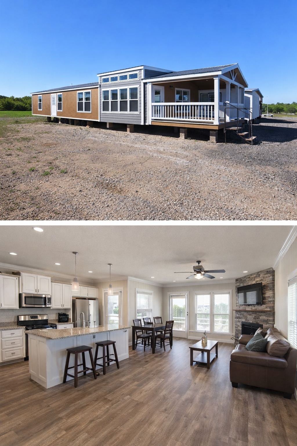A modern manufactured home with tan and white siding under a clear blue sky. It features large windows, a small porch with a railing, and steps leading up.