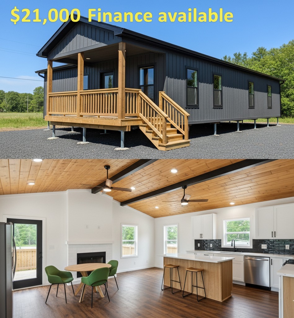 Modern tiny house with a gray exterior and wooden porch, priced at $21,000. Interior features a cozy living space with a kitchen, dining area, wooden floors, and ceiling.