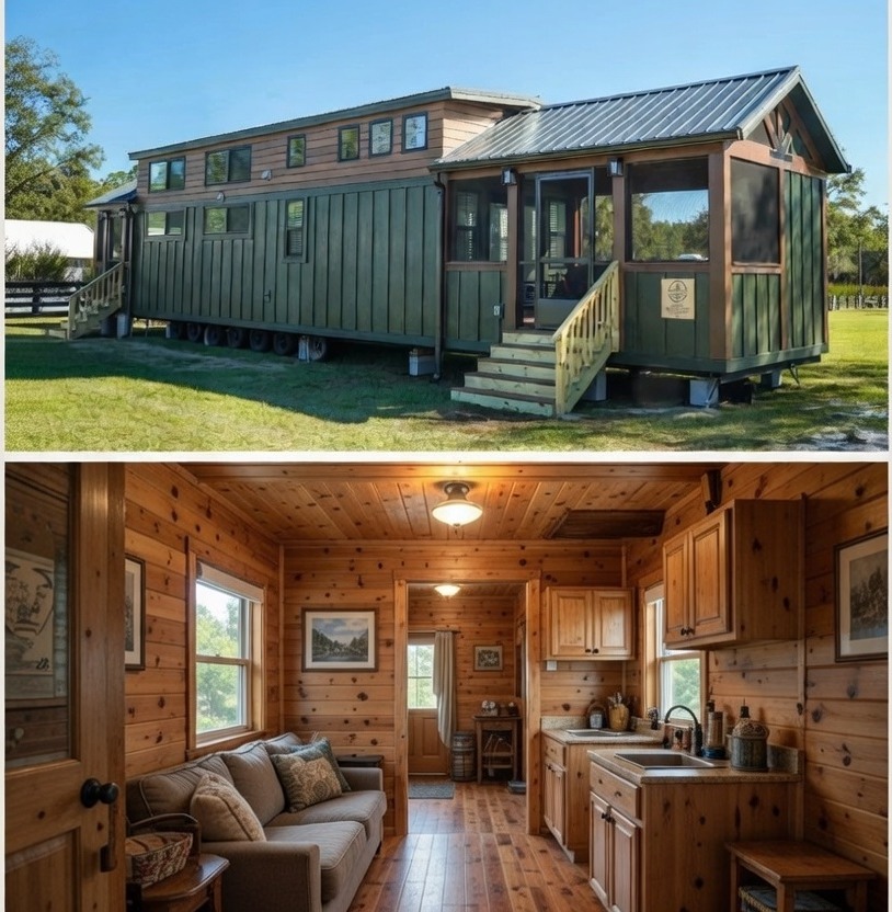 Top image: A green and wood-toned tiny house on wheels with a metal roof, set in a sunny grassy area. Bottom image: Cozy pine wood interior with a sofa, kitchen, and warm lighting.