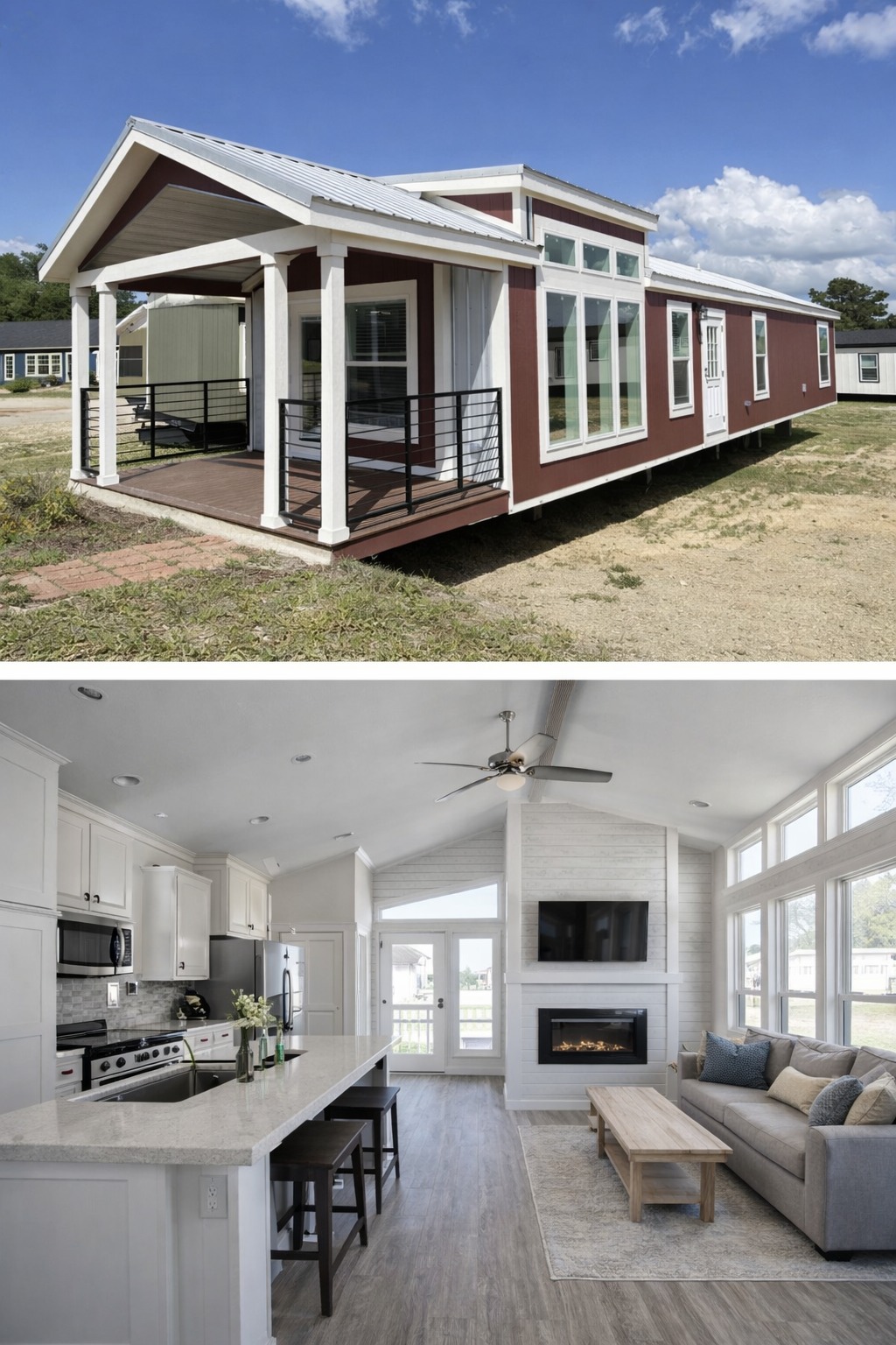 Modern tiny home with maroon exterior, white trim, large windows, and small porch. Interior reveals bright, open-plan kitchen and living area with neutral tones.