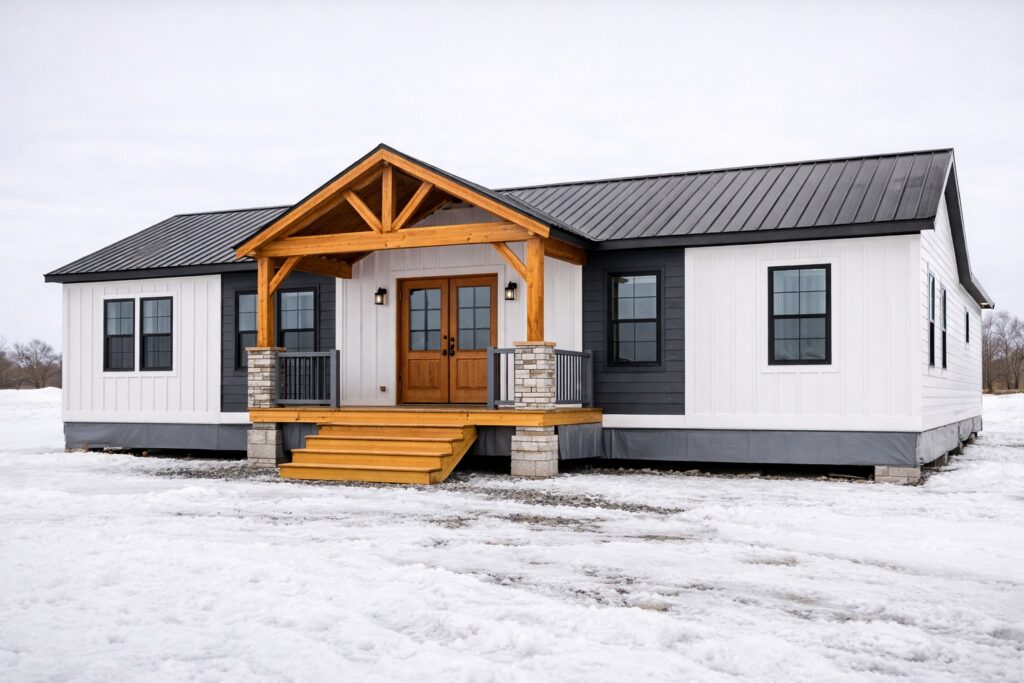 Modern single-story house with black roof and white siding, featuring a wooden porch. Surrounded by snow, it conveys a calm, rustic feel.