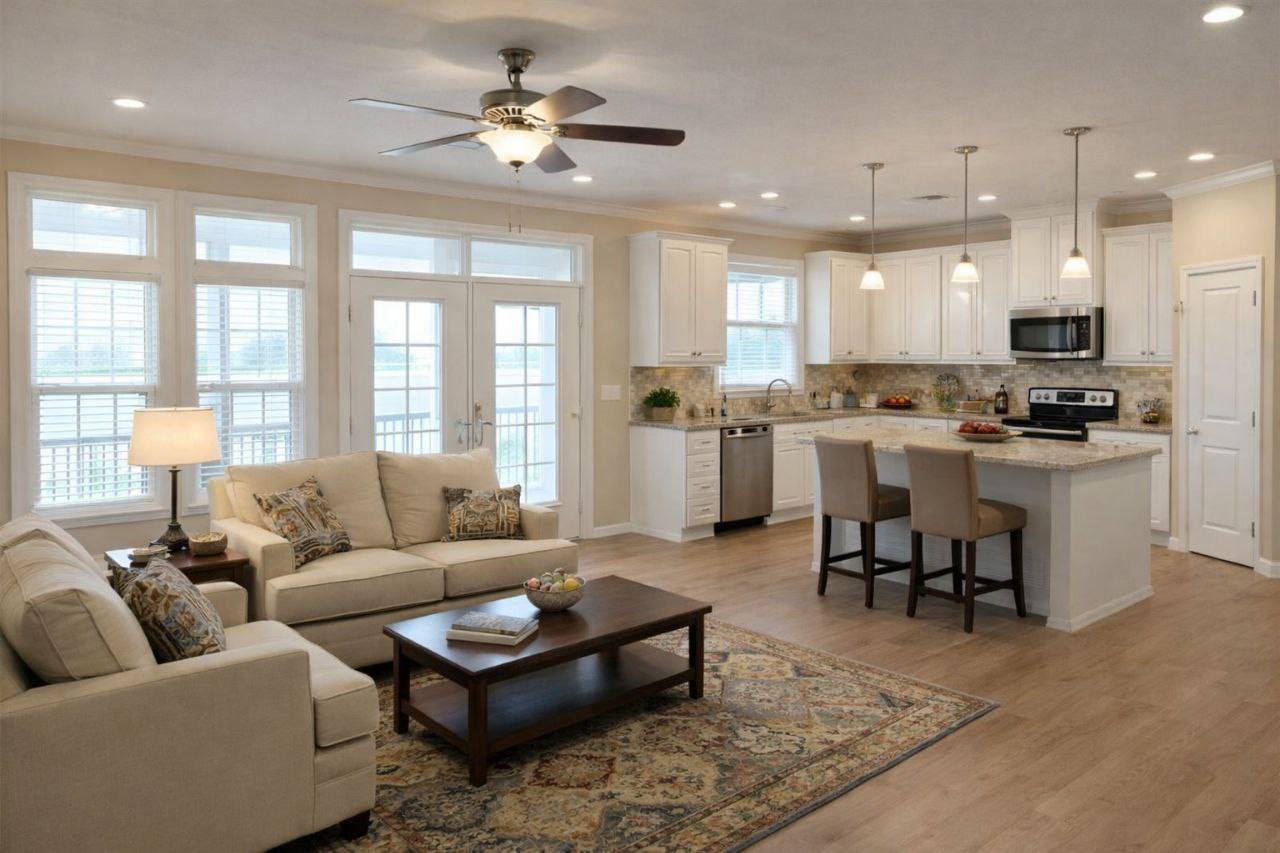 Modern open-concept living room and kitchen with beige sofas, wooden coffee table, rug, and island. Bright with natural light and pendant lights.