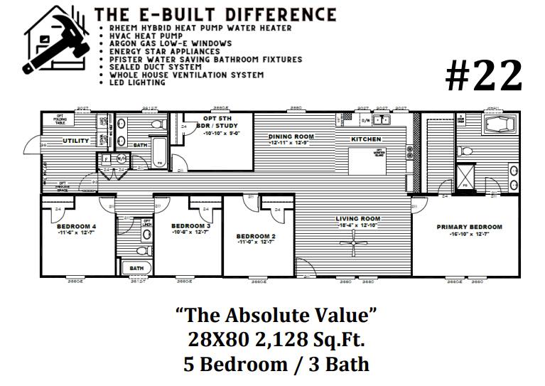 Floor plan of a 5-bedroom, 3-bath home labeled "The Absolute Value," featuring kitchen, dining, living rooms. Includes energy-efficient features.