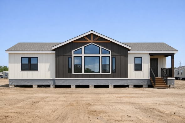 A modern, single-story modular home on a dirt lot. It features large central windows, a mix of dark and light siding, and a small wooden porch.