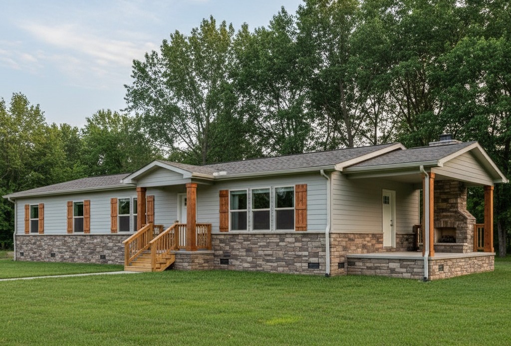 A modern single-story house with a stone facade and white siding stands amidst lush green grass and trees. A small wooden porch adds a welcoming feel.