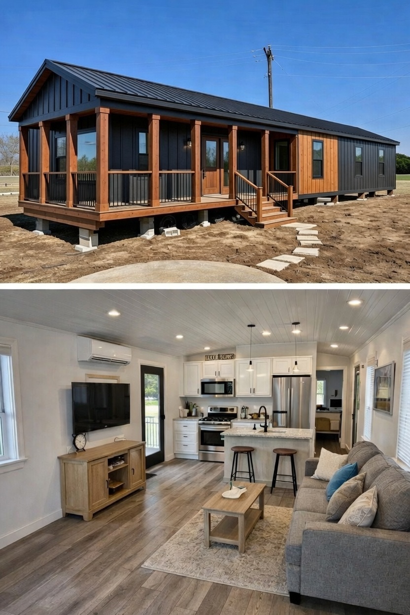 A modern tiny house with black and wood exterior siding. Interior features a cozy living room, sofa, TV, and a kitchen with white cabinets and island.