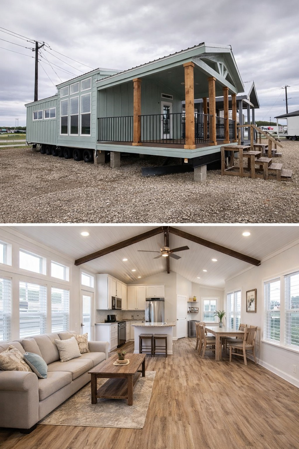 Modern tiny house exterior with green paneling, wooden posts, and porch under a cloudy sky. The cozy interior features a bright, open living space with vaulted ceiling, wood floors, and neutral decor.