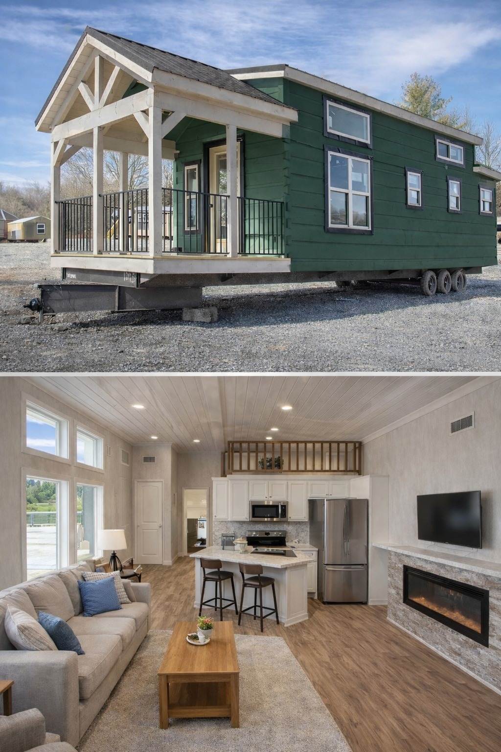 Top image: Green tiny house on wheels with a porch, set outdoors in a gravel area. Bottom image: Cozy modern interior with a living area, kitchen, and fireplace.