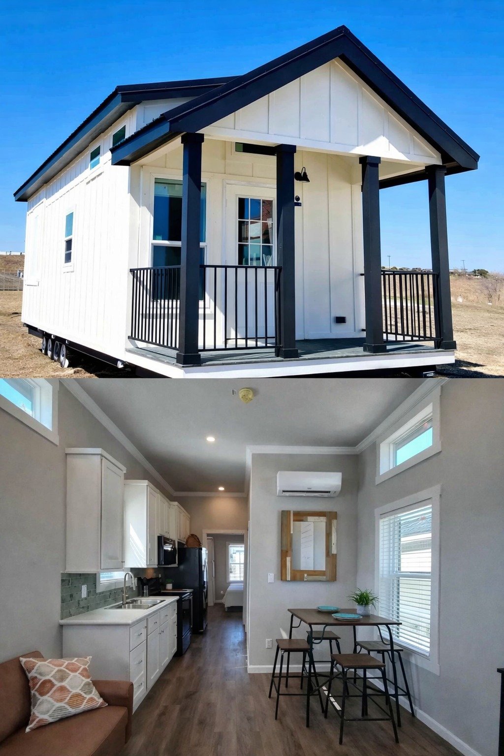 Split image of a tiny house: the exterior shows a white house with black trim and a small porch, while the interior reveals a modern kitchen and living area with minimalist décor.