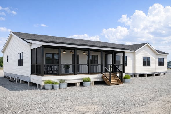 Single-story manufactured home with white siding and a black screened-in porch. The home sits on a gravel lot, under a blue sky with fluffy clouds.