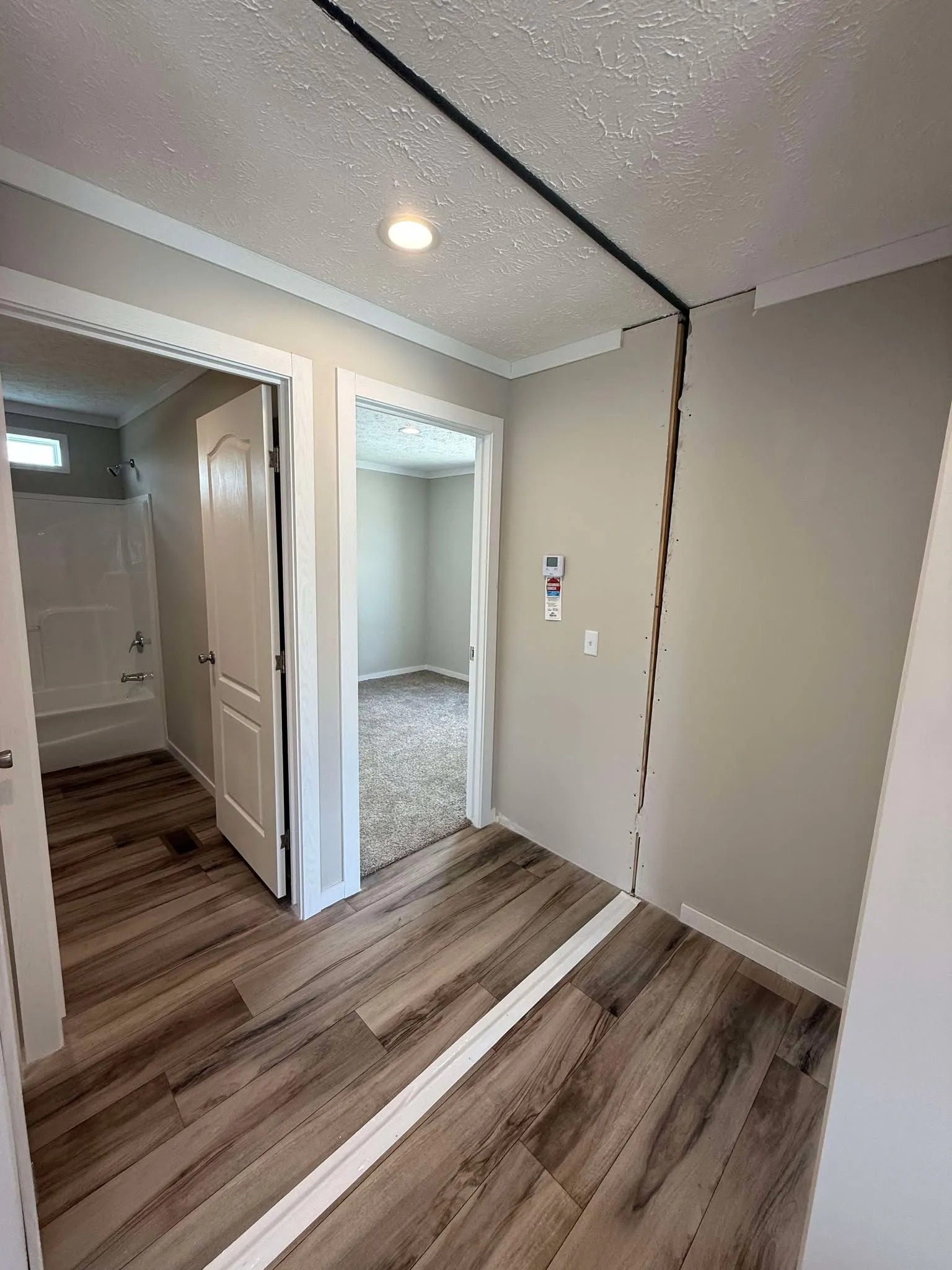 Hallway with light wood flooring and neutral walls, leading to a bathroom on the left with white fixtures and a carpeted room straight ahead. Ceiling has a visible seam.