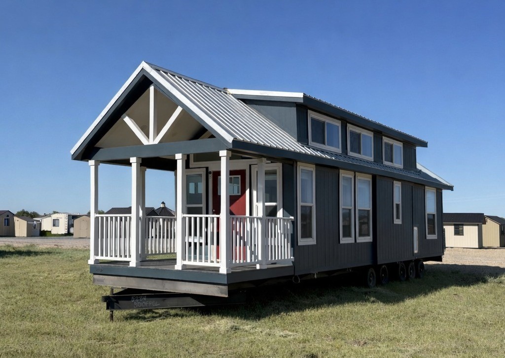 A modern tiny house on wheels with a dark exterior and metal roof sits on grass. It features large windows, a front porch, and a bright red door.