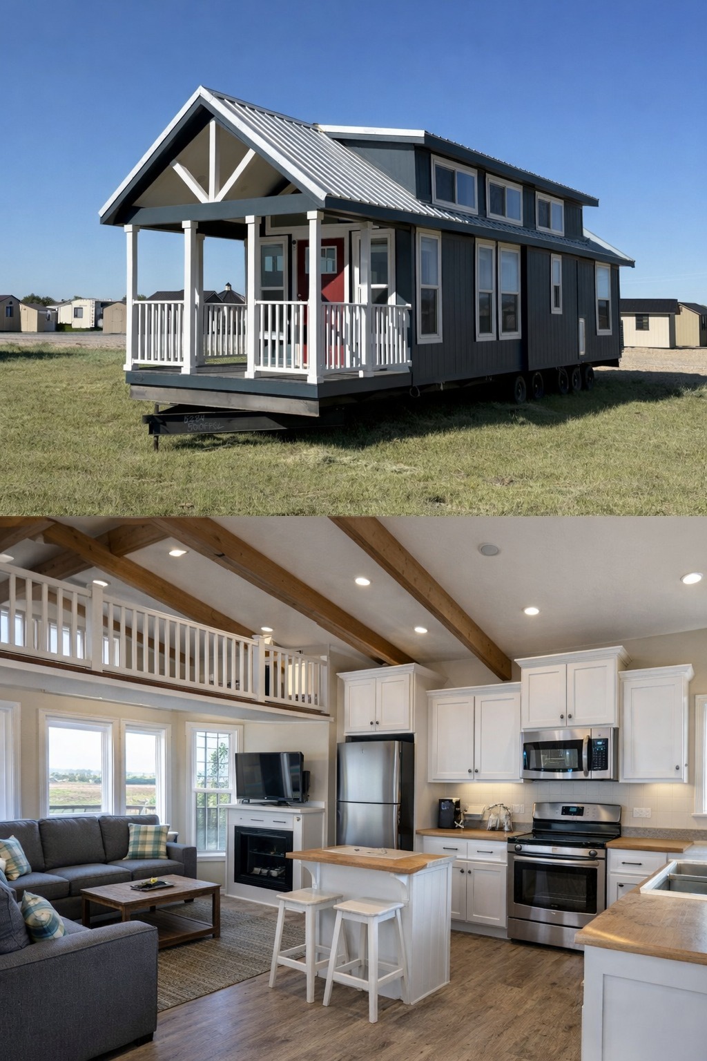 A charming tiny house with a gray exterior, white trim, and a small porch sits on a grassy field. Inside, the white kitchen has stainless steel appliances and a cozy living area under a loft, filled with natural light from large windows.