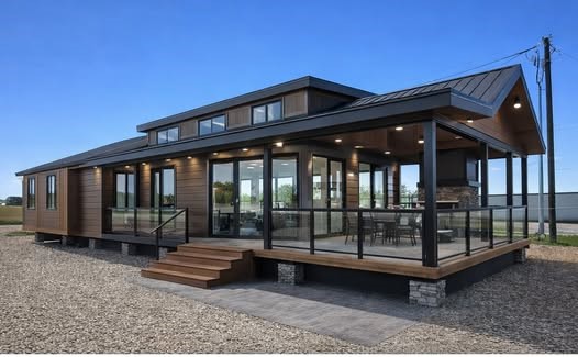 Modern tiny house with large windows and wooden siding, featuring a wraparound porch and sleek design, set on a clear day with a blue sky.