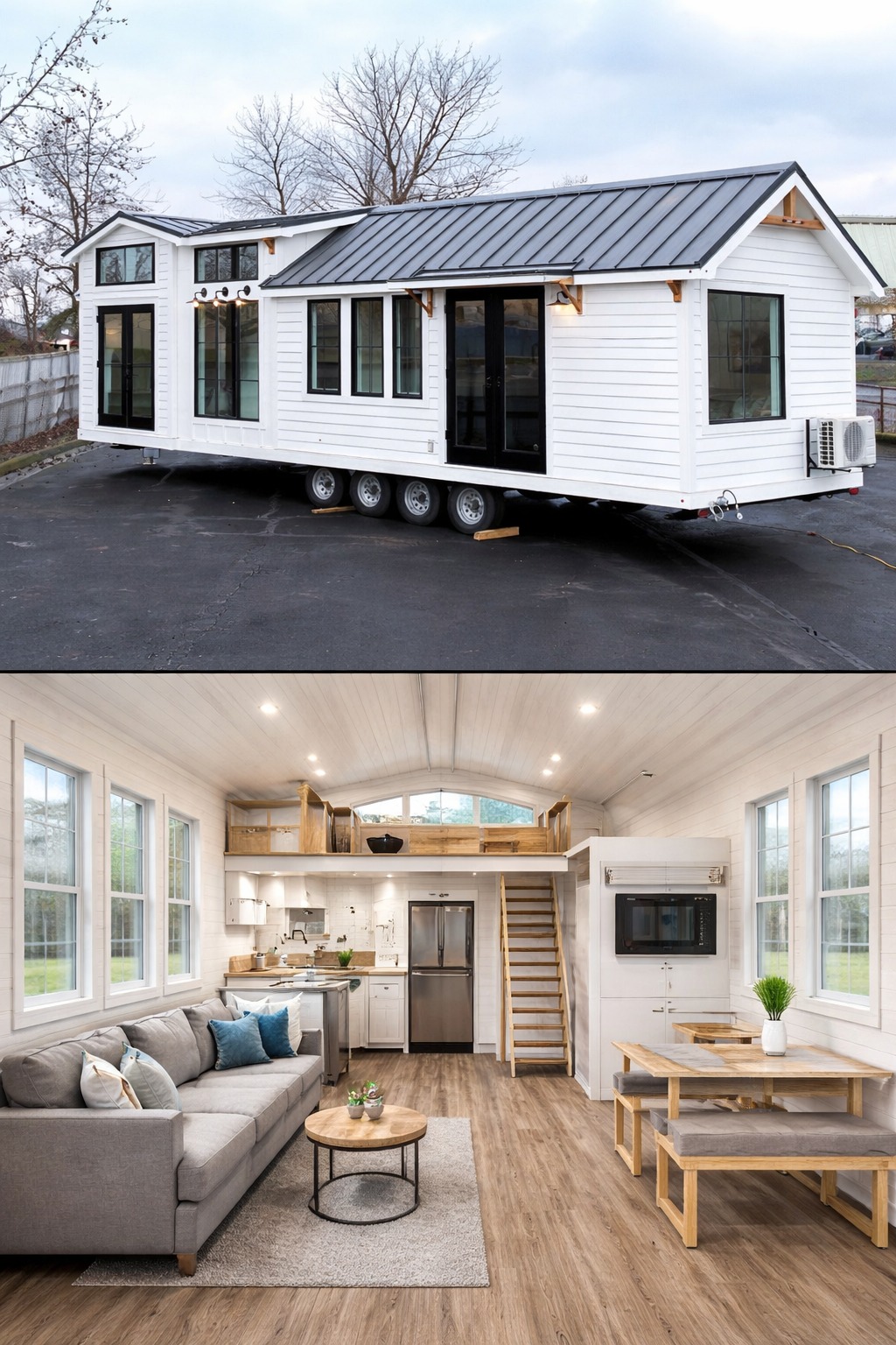 Split image of a modern tiny house on wheels. Exterior: sleek, white with black trim. Interior: cozy living area, kitchen, loft, and dining space.
