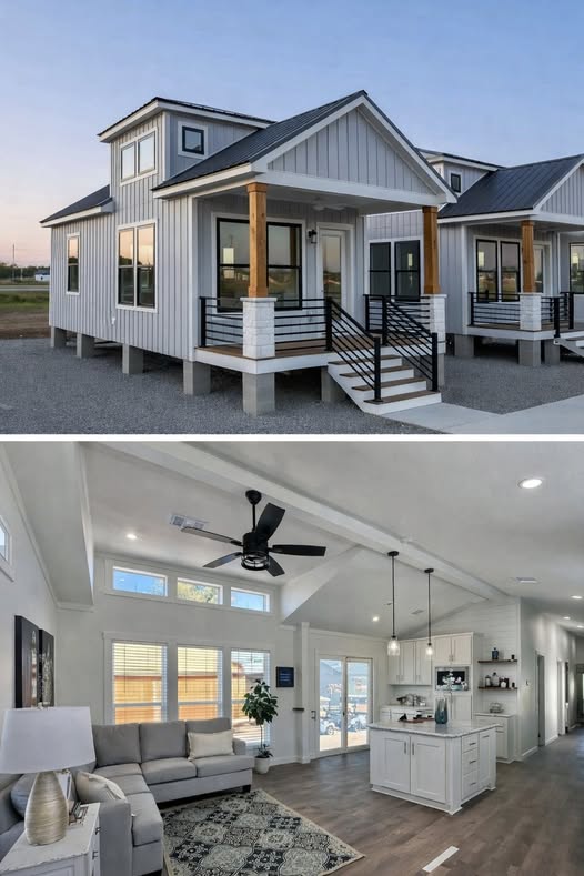 Modern tiny home with gray siding and wooden accents, situated in a gravel lot. The interior features a bright, open-plan living space with a cozy sofa, sleek kitchen, and neutral decor.
