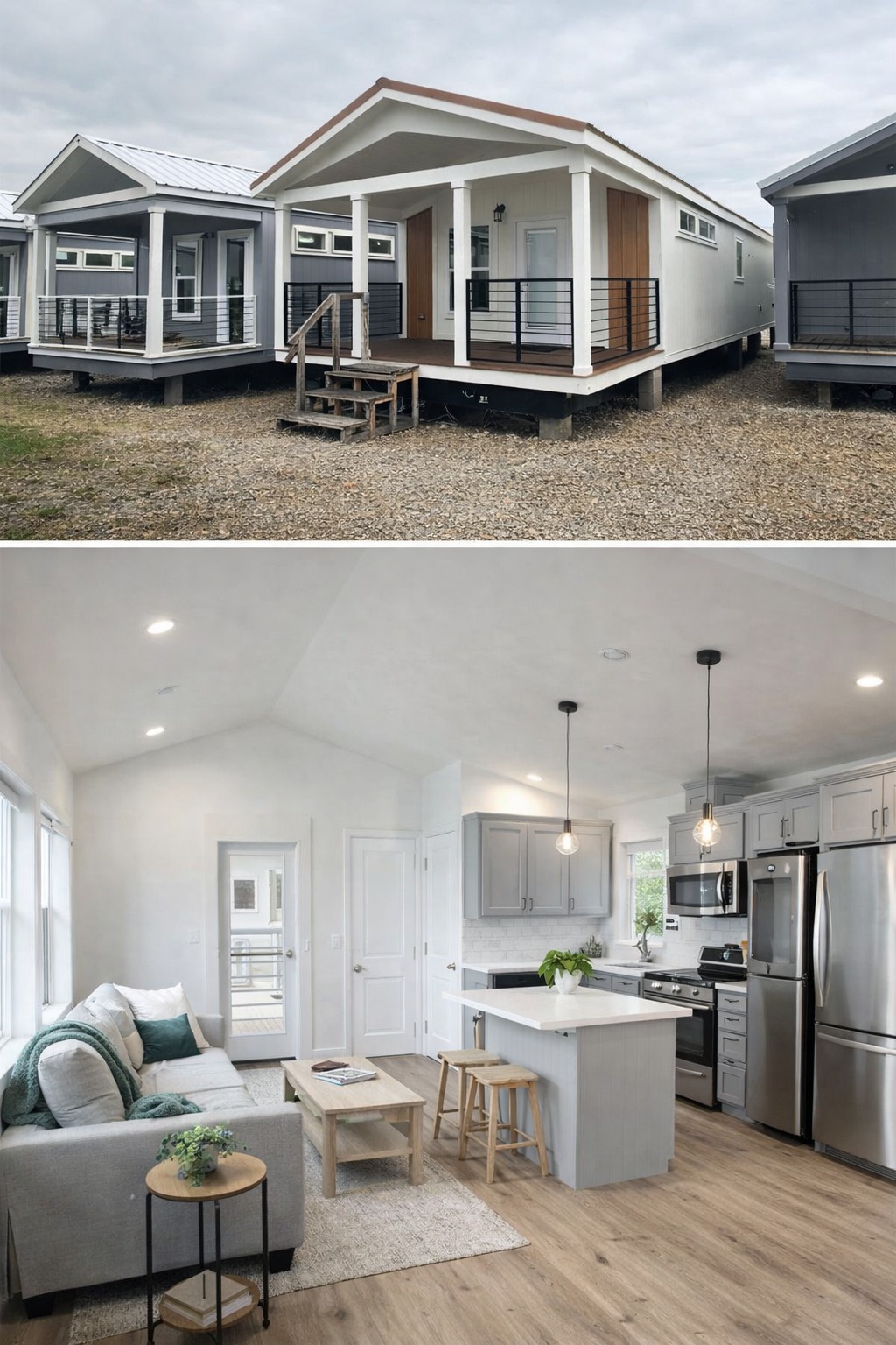 Top: A row of modern tiny homes with gabled roofs and front porches on gravel. Bottom: Cozy, bright open-plan interior with a sofa, kitchen island, and stainless steel appliances.