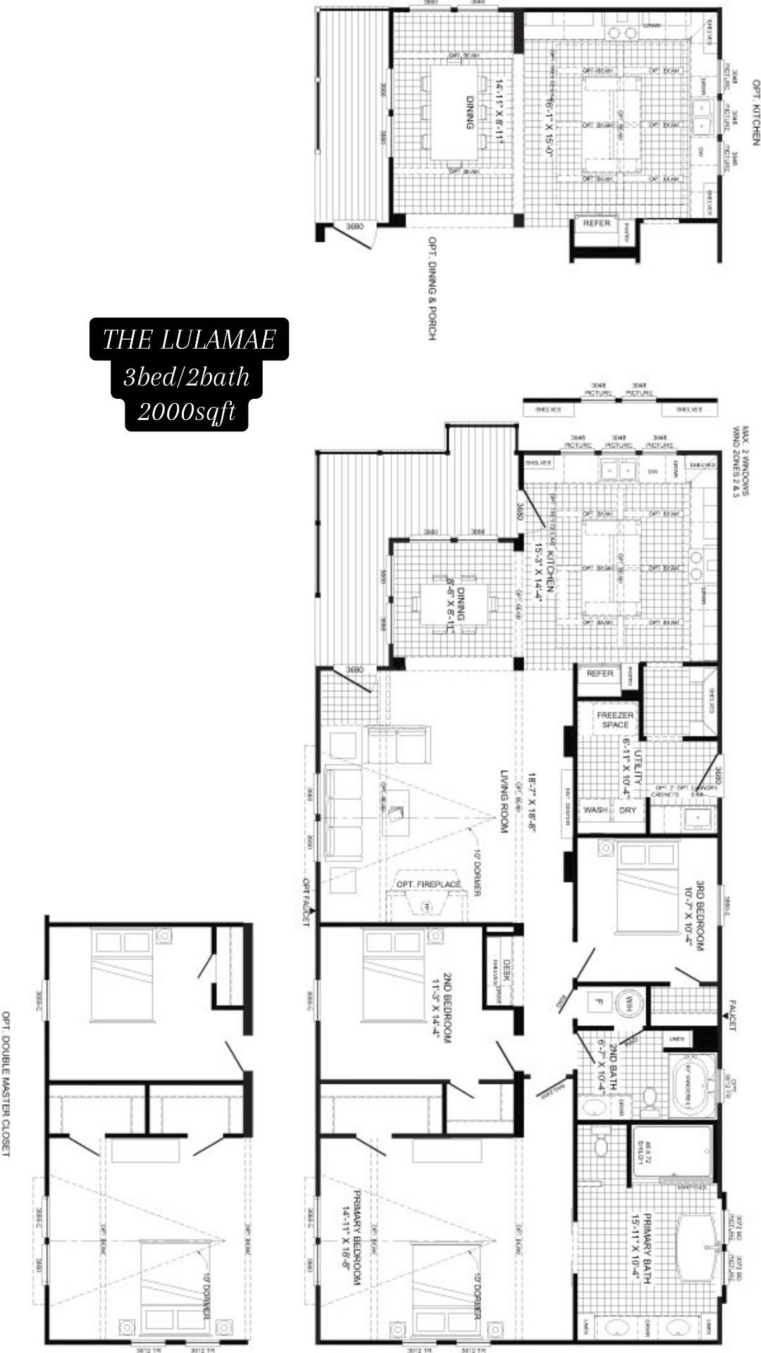 Floor plan titled "The Lulamae," featuring a 3-bedroom, 2-bathroom layout over 2000 sqft. Includes kitchen, dining, living area, and optional deck.