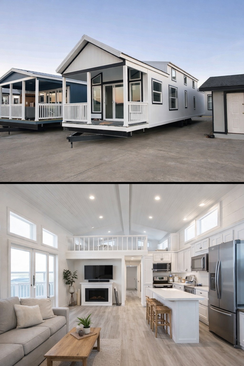 Exterior and interior of a modern tiny house. The outside features a white facade and a porch, while the inside shows a bright, cozy living space with a sofa, TV, kitchen, and loft.