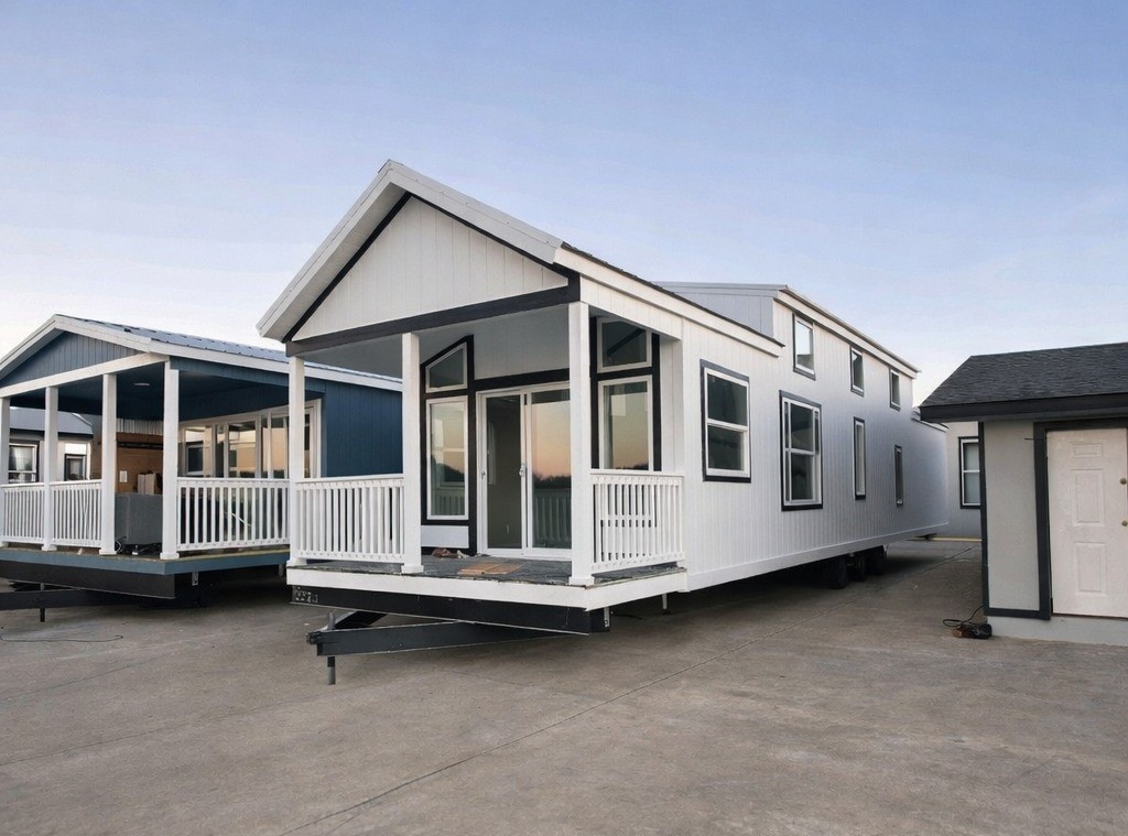 A modern tiny house with a white exterior and large windows stands on a paved lot next to another house. The sky is clear, adding a serene feel.
