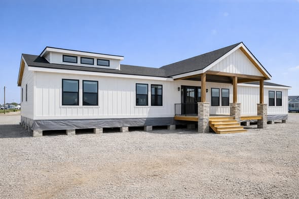 A modern white modular home with black-framed windows, stone-pillared porch, and steps. The setting is a gravel lot under a clear blue sky.