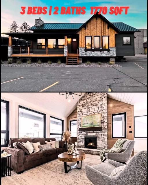 Single-story modern house exterior with wood and brick accents, large windows, and a cozy porch. Interior features a stylish living room with a stone fireplace, plush sofa, and elegant decor. Text overlay: "3 Beds | 2 Baths | 1770 Sqft."
