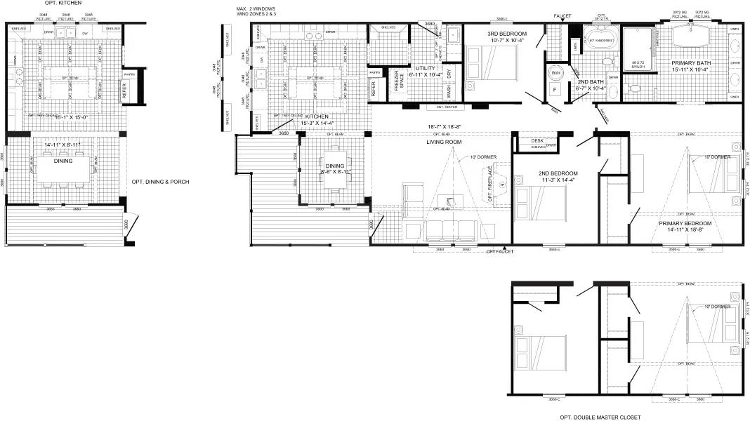 Floor plan illustration of a modern house, featuring a kitchen, dining, living room, three bedrooms, bathrooms, and a utility area. Clean, functional layout.