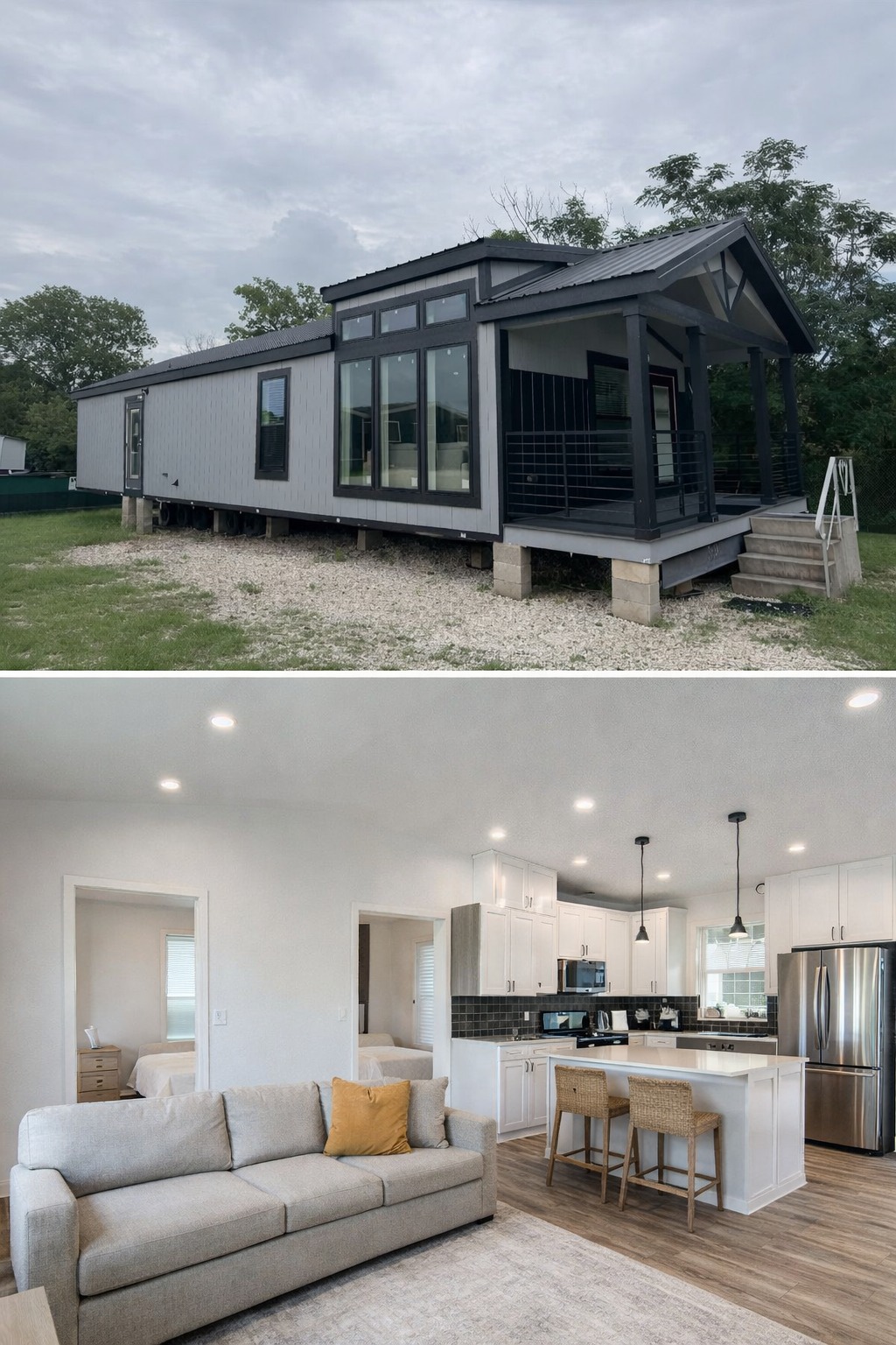 Modern tiny home with a gray, elevated exterior and large windows. Inside, a cozy living area with a beige sofa opens to a sleek kitchen with island seating.