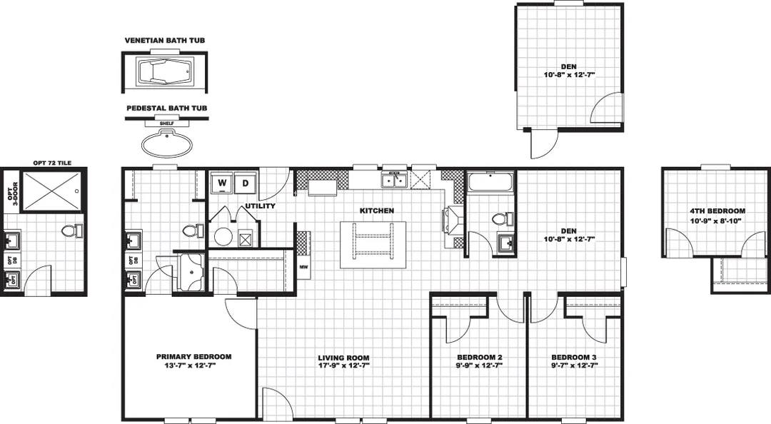 Floor plan of a house featuring four bedrooms, living room, kitchen, utility area, two dens, and bathrooms. Includes optional bath designs.