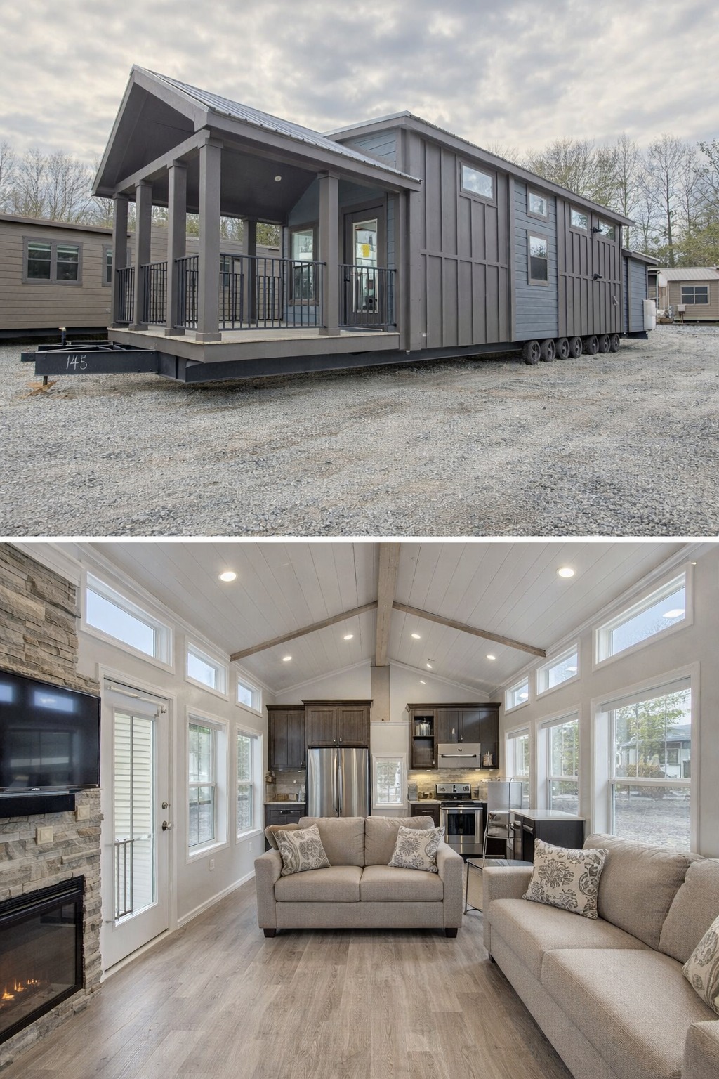 A modern tiny home on wheels with a covered porch sits outdoors. Inside, a spacious, bright living area features cozy sofas, a fireplace, and a kitchen.