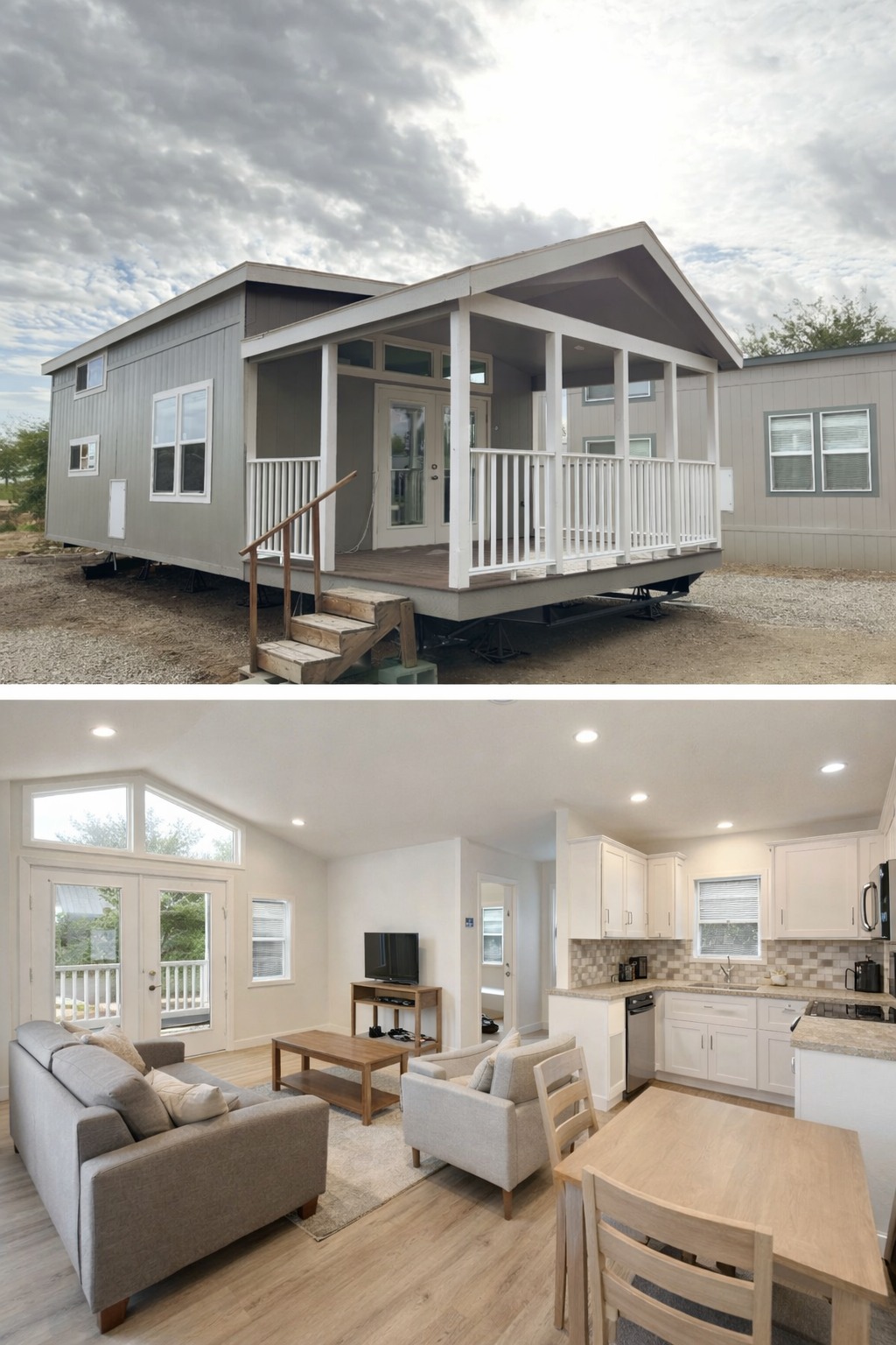 A modern tiny house features a small porch under a cloudy sky; inside, a bright, cozy living room, and kitchen with neutral tones and light wood floors.