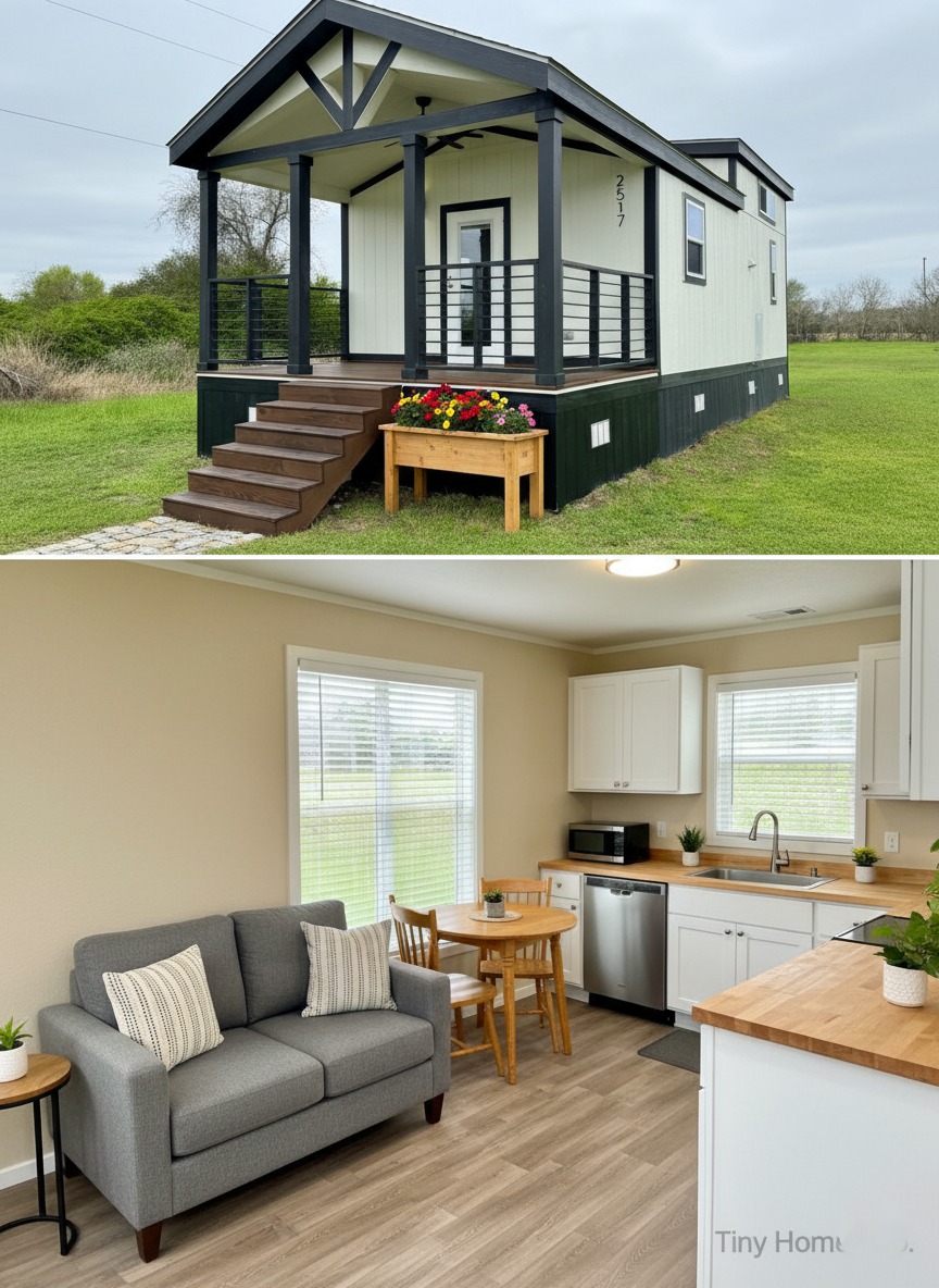 A cozy tiny home with a front porch sits on a grassy lawn. Inside, a modern living area features a gray sofa, small dining set, and bright kitchen.